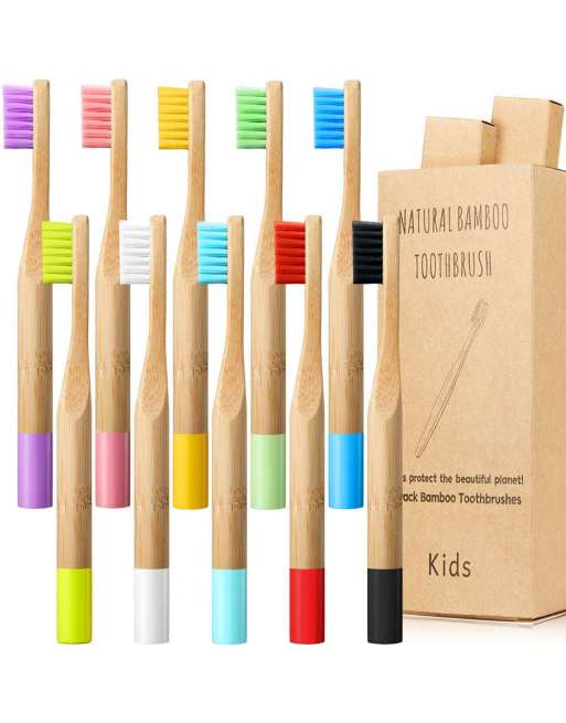 SENJWARM 10 Pieces Kids Bamboo Toothbrush Natural Soft Bristle Toothbrush Wooden BPA-Free Color Travel(Kids)