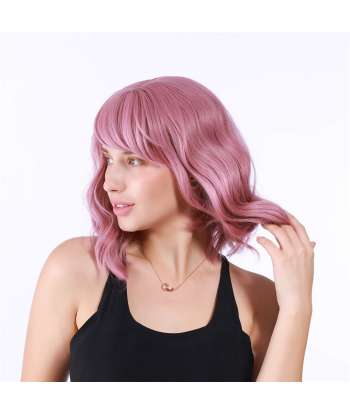 SENJWARM Pastel Wavy Wig With Air Bangs Women's Short Bob Purple Pink Wig Curly Wavy Shoulder Length Cosplay Wig