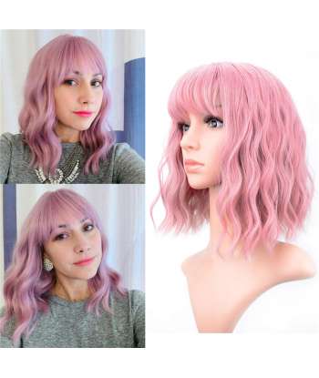 SENJWARM Pastel Wavy Wig With Air Bangs Women's Short Bob Purple Pink Wig Curly Wavy Shoulder Length Cosplay Wig