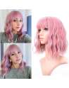 SENJWARM Pastel Wavy Wig With Air Bangs Women's Short Bob Purple Pink Wig Curly Wavy Shoulder Length Cosplay Wig