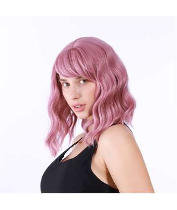 SENJWARM Pastel Wavy Wig With Air Bangs Women's Short Bob Purple Pink Wig Curly Wavy Shoulder Length Cosplay Wig