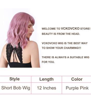 SENJWARM Pastel Wavy Wig With Air Bangs Women's Short Bob Purple Pink Wig Curly Wavy Shoulder Length Cosplay Wig