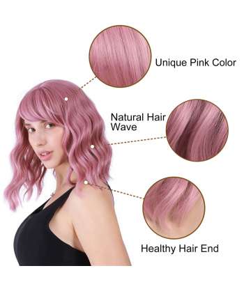 SENJWARM Pastel Wavy Wig With Air Bangs Women's Short Bob Purple Pink Wig Curly Wavy Shoulder Length Cosplay Wig