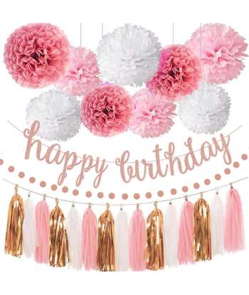 SENJWARM Pink Rose Gold Birthday Party Decorations Set, Rose Gold Glittery Happy Birthday banner