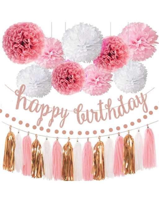 SENJWARM Pink Rose Gold Birthday Party Decorations Set, Rose Gold Glittery Happy Birthday banner