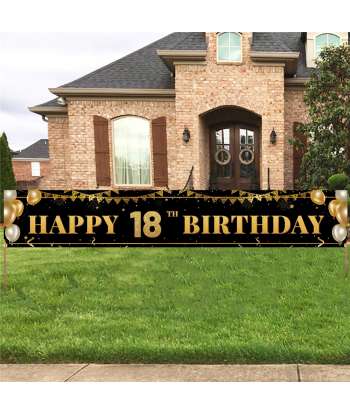 SENJWARM Large Happy 18th Birthday Decoration Banner, Black and Gold Happy 18th Birthday Banner Sign