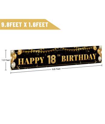 SENJWARM Large Happy 18th Birthday Decoration Banner, Black and Gold Happy 18th Birthday Banner Sign