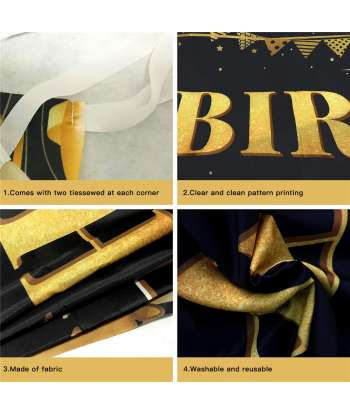 SENJWARM Large Happy 18th Birthday Decoration Banner, Black and Gold Happy 18th Birthday Banner Sign