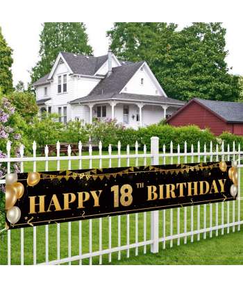 SENJWARM Large Happy 18th Birthday Decoration Banner, Black and Gold Happy 18th Birthday Banner Sign