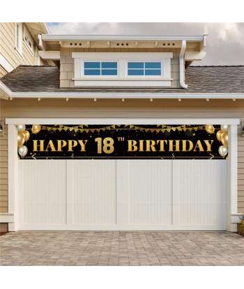 SENJWARM Large Happy 18th Birthday Decoration Banner, Black and Gold Happy 18th Birthday Banner Sign