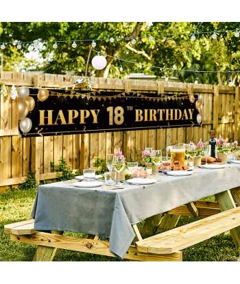 SENJWARM Large Happy 18th Birthday Decoration Banner, Black and Gold Happy 18th Birthday Banner Sign