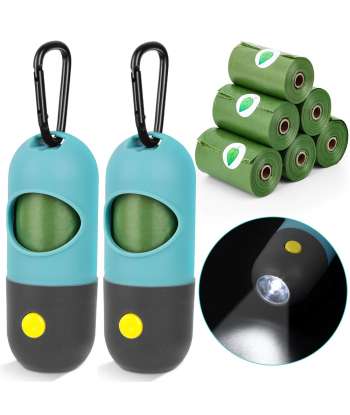 SENJWARM Dog Poop Bags Dispenser with LED Flashlight, 2pcs Puppy Pickup Bags Holder with Carabiner Clip & 6 Rolls Pet Waste Bags