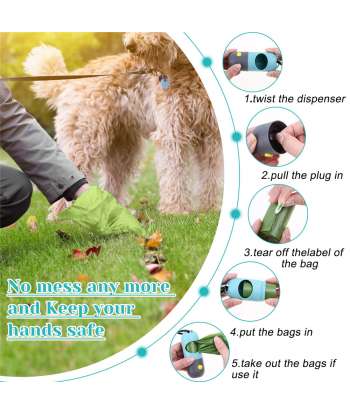 SENJWARM Dog Poop Bags Dispenser with LED Flashlight, 2pcs Puppy Pickup Bags Holder with Carabiner Clip & 6 Rolls Pet Waste Bags