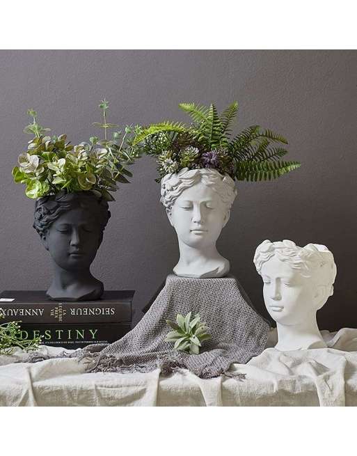 Face Planter Pot Head Planter Pot Female Statue Head Planter, 10.5" Cement Woman Face Pot for Indoor Outdoor, Flower Vase