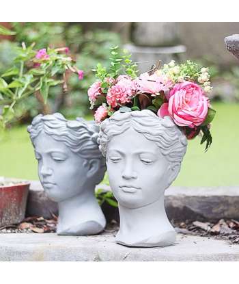 Face Planter Pot Head Planter Pot Female Statue Head Planter, 10.5" Cement Woman Face Pot for Indoor Outdoor, Flower Vase