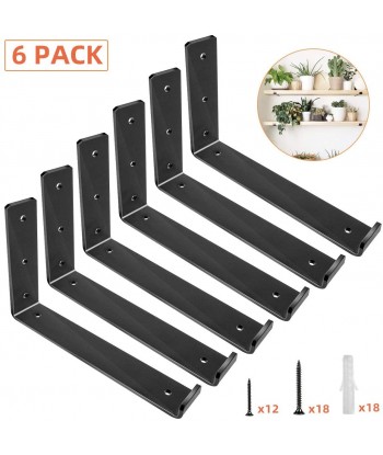 Shelf Brackets 7.5 x 6 Inch, Heavy Duty Black Metal  L Bracket with Lip/Hook for DIY Open Shelving Wood Shelves - 6 Pack