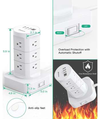 Surge Protector Power Strip Tower - 12 Widely Outlets with 4 USB Ports (1 USB C)