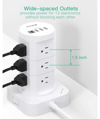 Surge Protector Power Strip Tower - 12 Widely Outlets with 4 USB Ports (1 USB C)