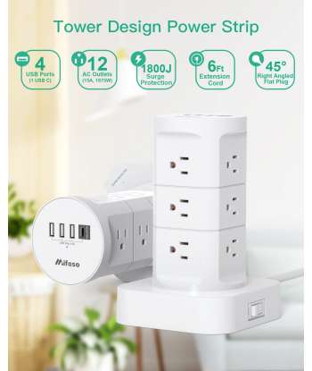 Surge Protector Power Strip Tower - 12 Widely Outlets with 4 USB Ports (1 USB C)