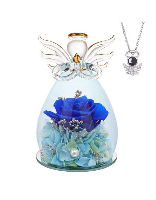 SENJWARM 5.2×3.3inch Mother's Day Glass Angel Gifts with I Love You Necklace in 100 Languages Dark Blue Preserved Flowers