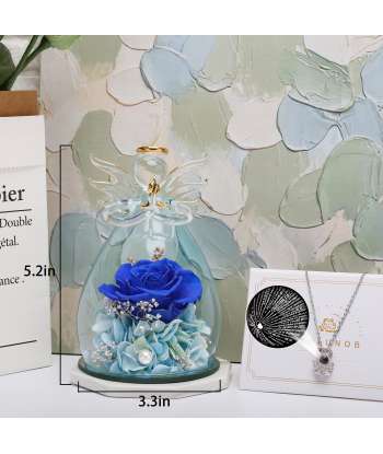 SENJWARM 5.2×3.3inch Mother's Day Glass Angel Gifts with I Love You Necklace in 100 Languages Dark Blue Preserved Flowers