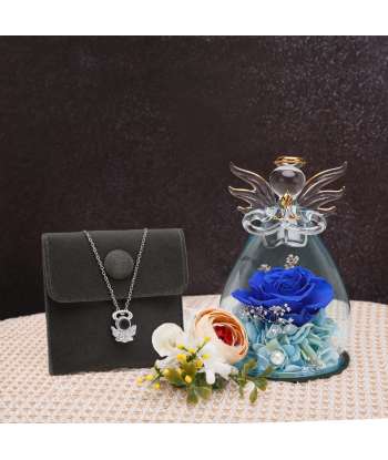 SENJWARM 5.2×3.3inch Mother's Day Glass Angel Gifts with I Love You Necklace in 100 Languages Dark Blue Preserved Flowers