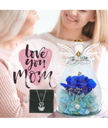 SENJWARM 5.2×3.3inch Mother's Day Glass Angel Gifts with I Love You Necklace in 100 Languages Dark Blue Preserved Flowers