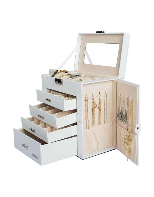 SENJWARM Synthetic Leather Huge Jewelry Box Mirrored Watch Organizer Necklace Ring Earring Storage Lockable Gift Case (Black)