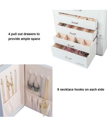 SENJWARM Synthetic Leather Huge Jewelry Box Mirrored Watch Organizer Necklace Ring Earring Storage Lockable Gift Case (Black)