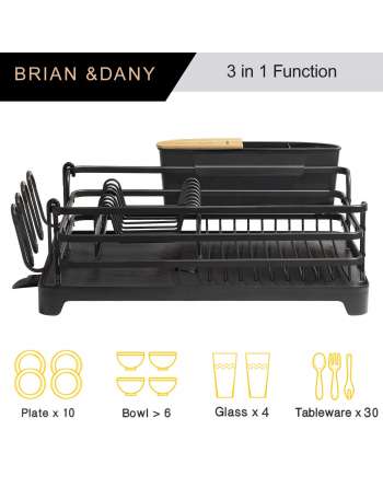 Aluminum Dish Drying Rack, Never Rust Dish Drainer with Removable Cutlery Holder & Cup Holder (Black)