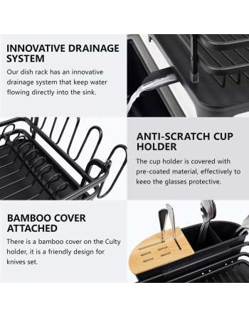 Aluminum Dish Drying Rack, Never Rust Dish Drainer with Removable Cutlery Holder & Cup Holder (Black)
