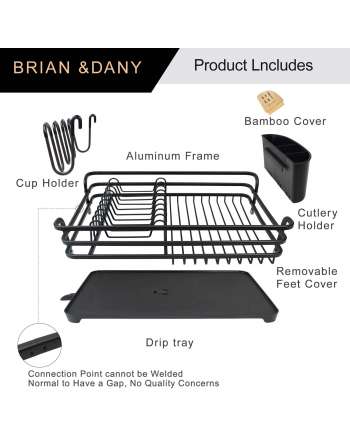 Aluminum Dish Drying Rack, Never Rust Dish Drainer with Removable Cutlery Holder & Cup Holder (Black)