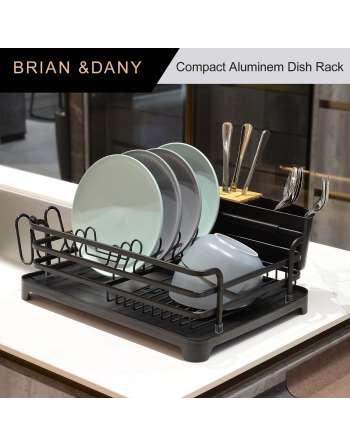 Aluminum Dish Drying Rack, Never Rust Dish Drainer with Removable Cutlery Holder & Cup Holder (Black)