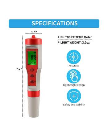 pH Meter TDS Tester Digital 4-in-1 for Water Quality, Pools, Ponds, Lab, Aquariums with Backlight