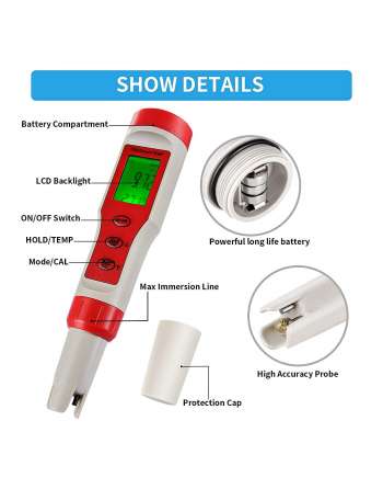 pH Meter TDS Tester Digital 4-in-1 for Water Quality, Pools, Ponds, Lab, Aquariums with Backlight