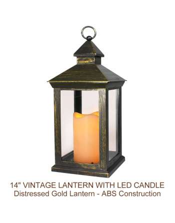 14" Tall Vintage Decorative Lantern With LED Pillar Candle (Distressed Gold, Batteries Included)