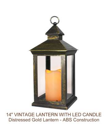 14" Tall Vintage Decorative Lantern With LED Pillar Candle (Distressed Gold, Batteries Included)