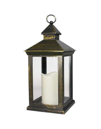 14" Tall Vintage Decorative Lantern With LED Pillar Candle (Distressed Gold, Batteries Included)