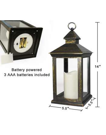 14" Tall Vintage Decorative Lantern With LED Pillar Candle (Distressed Gold, Batteries Included)