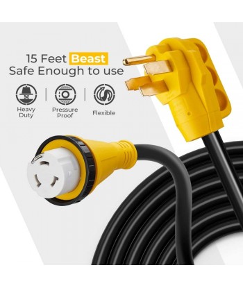 50 Amp 15Ft Generator Power Cord, 6/3+8/1 RV Temp Extension Cord with Nema 14-50P Elbow Plug, Nema NEMA SS2-50R Receptacle