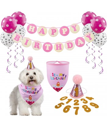 Dog Birthday Bandana Hat with 0-9 Figures Party Supplies Decoration - Banner Balloon Hanging Swirls 1st Birthday Dog Boy Girl