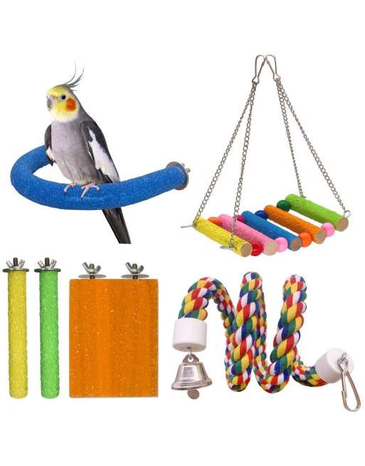 Bird Perch for Cockatiels Parakeet Swing Toys Conures Stand 5 Types of Perches Rough Sand Wood Perch Rope Perch Parrot Hamster