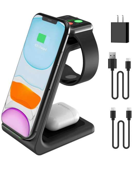 2020 Update Wireless Charging Station, 3 in 1 Wireless Charger, Qi Fast Charging Stand Dock for Apple Watch, AirPods, iPhone