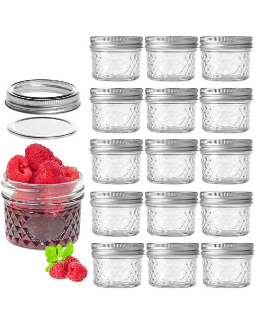 4 oz 16 PACK Regular Mouth Mini Mason Jars with Lids and Bands,Quilted Crystal Jelly Jars for DIY Magnetic Spice Jars