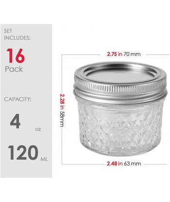 4 oz 16 PACK Regular Mouth Mini Mason Jars with Lids and Bands,Quilted Crystal Jelly Jars for DIY Magnetic Spice Jars