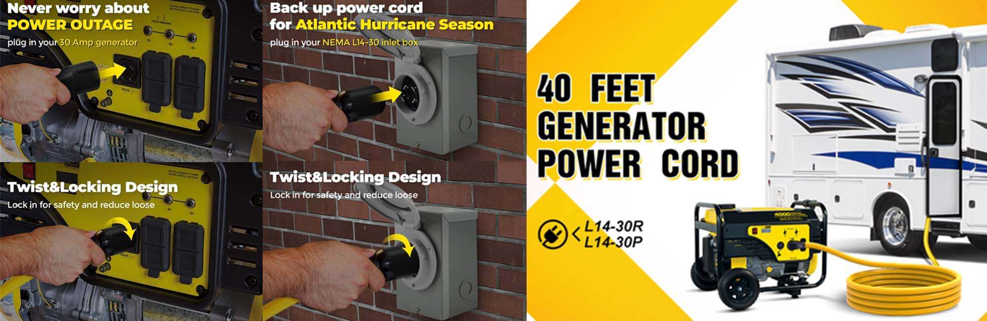 GENERATOR POWER CORD 10 gauge 4 wire Nema L14-30P and Nema L14-30R is designed for connecting directly to your homes electrical system. Offering 125/250 volts,can run the max wattage of 7500 watts